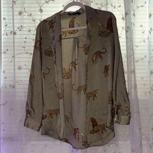 Zara Gray Button Down Shirt with Leopard Print